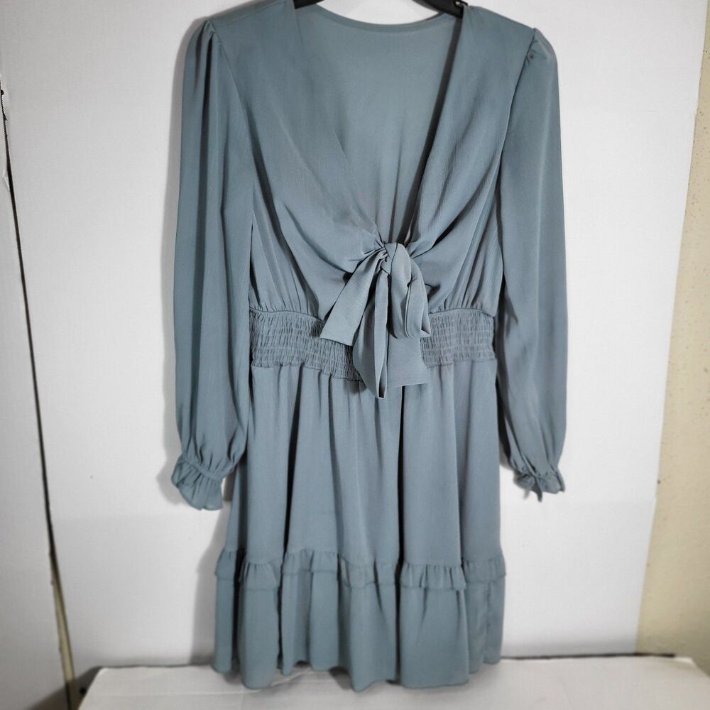NEW Knot Front V Neck Ruffles Long Sleeve Swing Mini Dress S